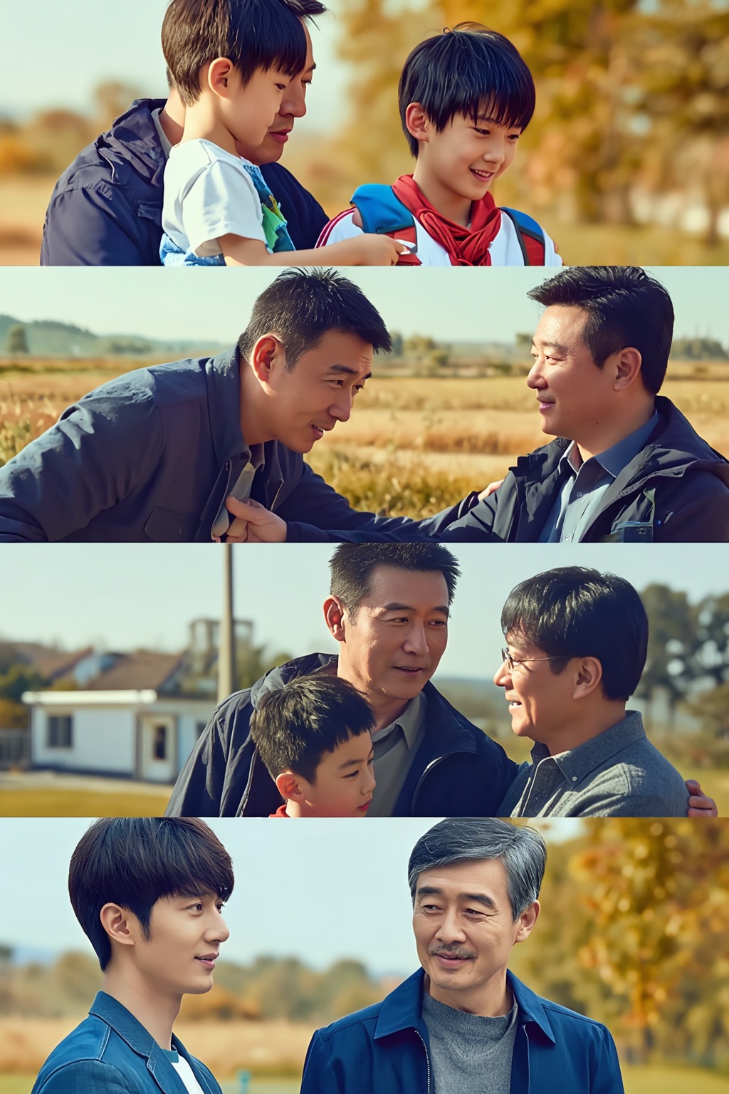 Create a cinematic visual story showing TWO FIXED CHARACTERS moving forward through the SAME timeline: one father and his...