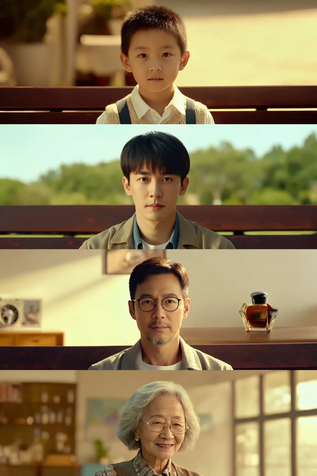 Create a cinematic portrait representing the passage of time. Show the same person progressing through four different stag...