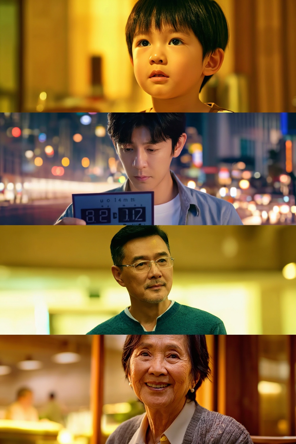 Create a cinematic portrait representing the passage of time. Show the same person progressing through four different stag...