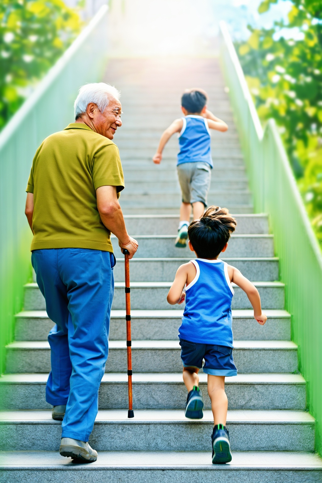 Exactly TWO figures only. IMPORTANT SPATIAL ORDER: The elderly man is HIGHER on the staircase,  closer to the bright light...