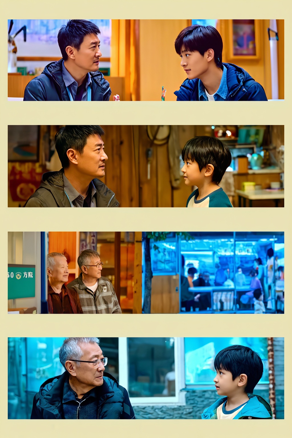 Create a cinematic visual story about the passage of time across one man's life. The same man appears through four success...