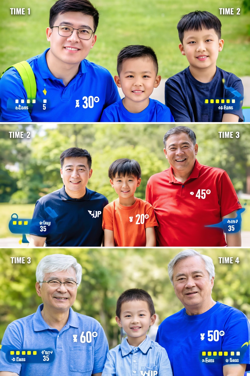 This image contains exactly TWO recurring human identities: Person A and Person B. Person A is the father. Person B is his...