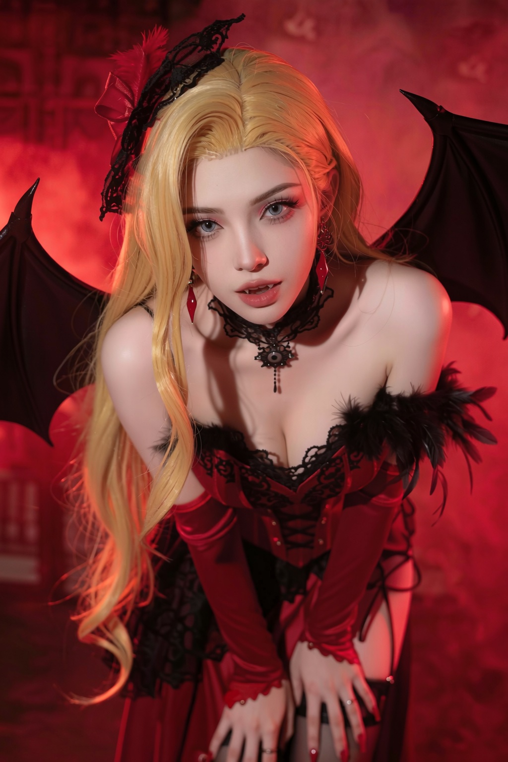 Cosplay. Close-up. Vogue style,  dynamic pose. A seductive female vampire with long golden hair and silvery-blue eyes lean...