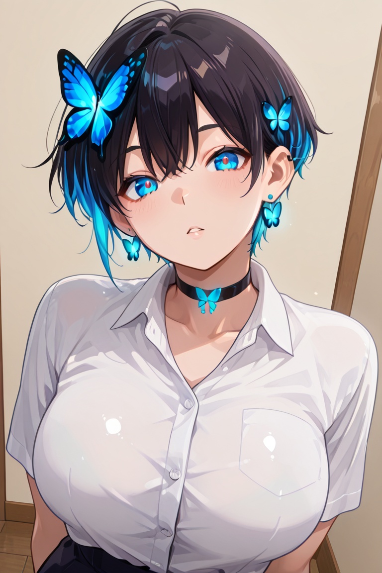 Glowing earrings & blue-under-layer hair,  Kiyoka-chan,  boyish style on Tensor.Art