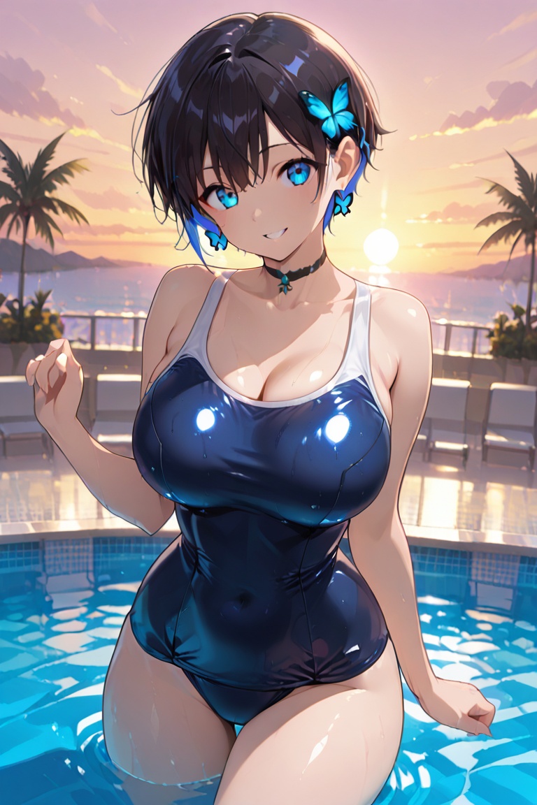 Glowing earrings & blue-under-layer hair,  Kiyoka-chan,  boyish style on Tensor.Art