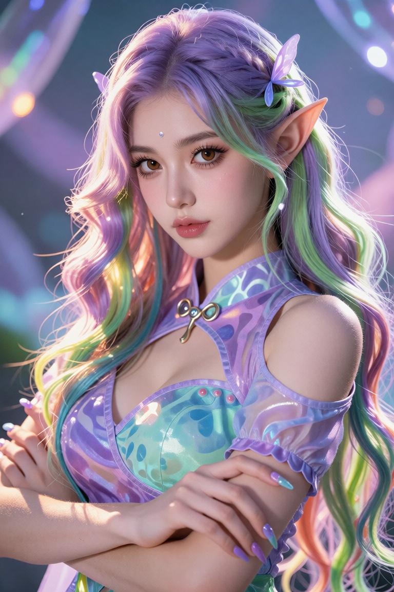 a solo woman with long,  wavy hair and pointed ears,  showcasing her upper body. Her hair is multicolored on Tensor.Art