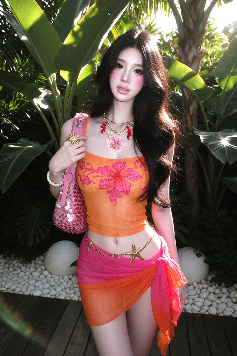 1girl,  solo,  wearing a vibrant tropical beach outfit. She has long black wavy hair on Tensor.Art