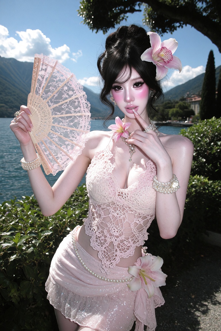 solo,  1girl,  realistic fashion portrait of a woman in a dreamy romantic lakeside setting. She has elegant black hair sty...