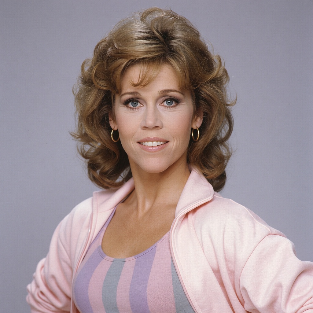 1980s American celebrity fitness publicity portrait,  tightly composed beauty-and-workout headshot with voluminous hair cr...