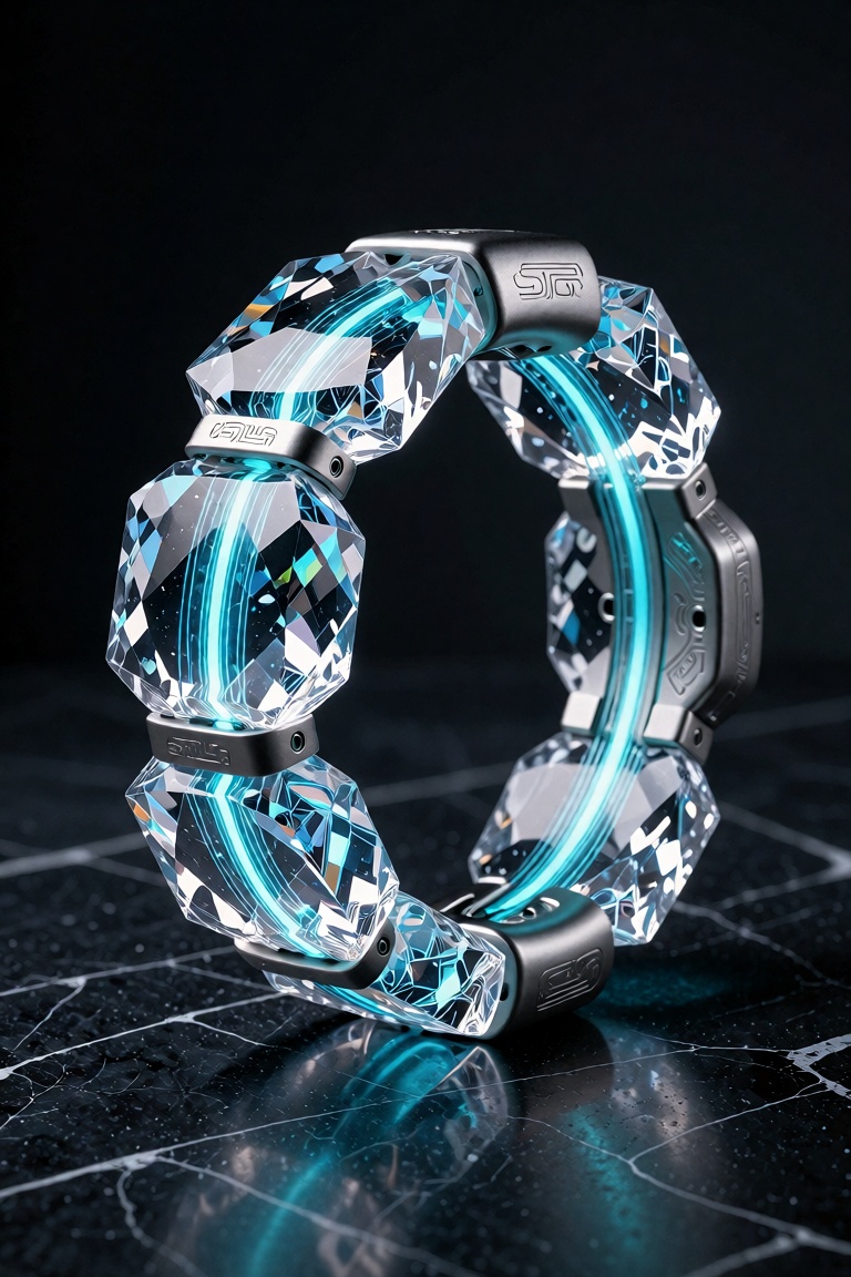 A high-end product photograph of a futuristic crystal bracelet resting on a dark polished stone tabletop. The bracelet is...