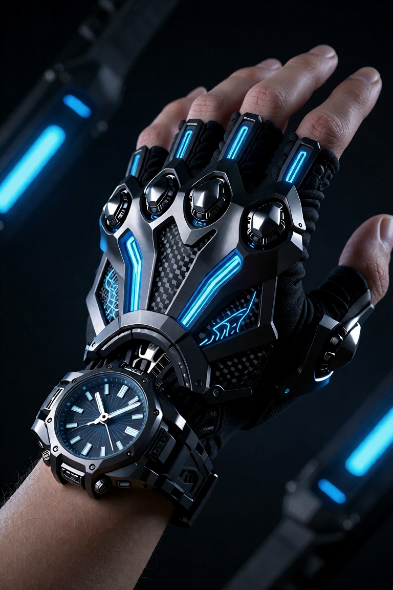 A dramatic close-up of a hand wearing a futuristic ninja half-glove transformed from a high-tech wristwatch. The watch at...