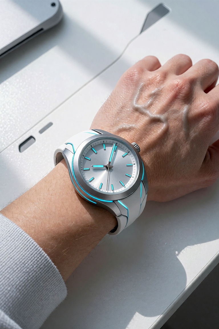 A first-person POV close-up of my own hand and wrist resting on a clean white tabletop with gray-white metallic panel deta...