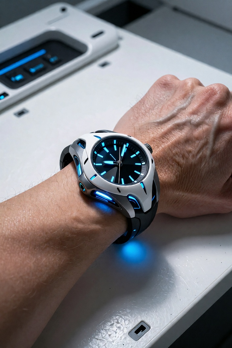 A first-person POV close-up of my own wrist and hand on a white metallic desk with gray-white industrial detailing. I am w...