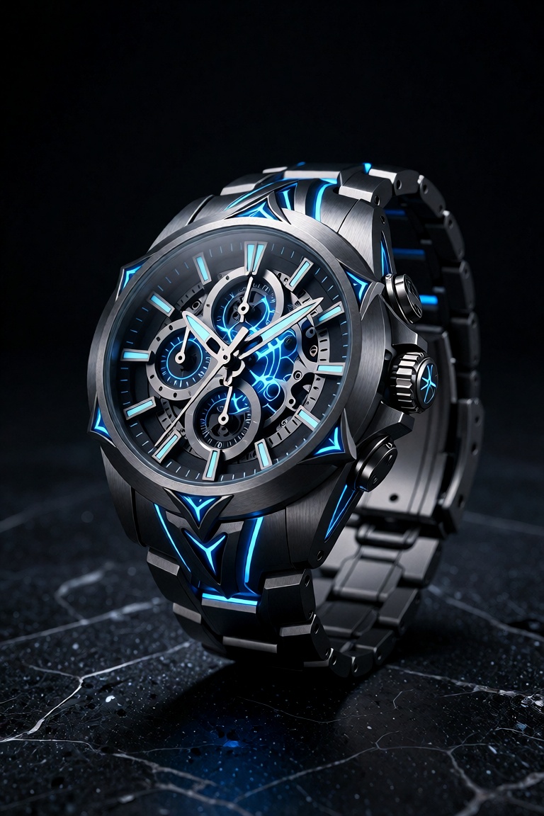 A premium product photograph of a futuristic ninja-inspired wristwatch resting on a dark stone table. The watch has a roun...