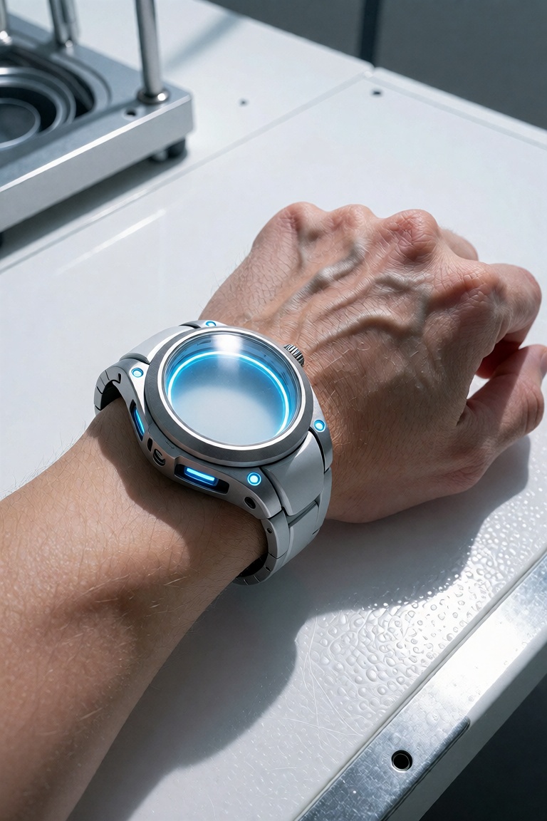 A cinematic first-person POV of my own left hand resting lightly on a bright white laboratory-style metal table. I am wear...