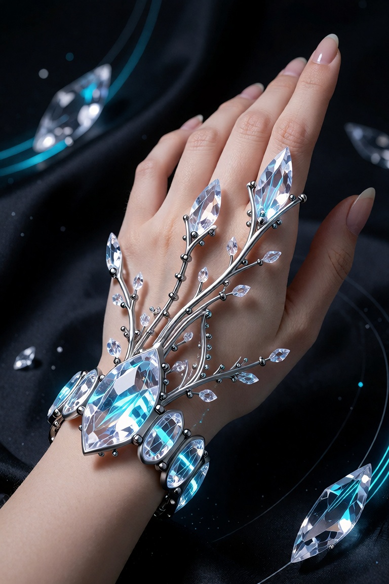 A luxury beauty close-up of a woman's hand wearing a futuristic transparent crystal bracelet. The icy quartz segments and...