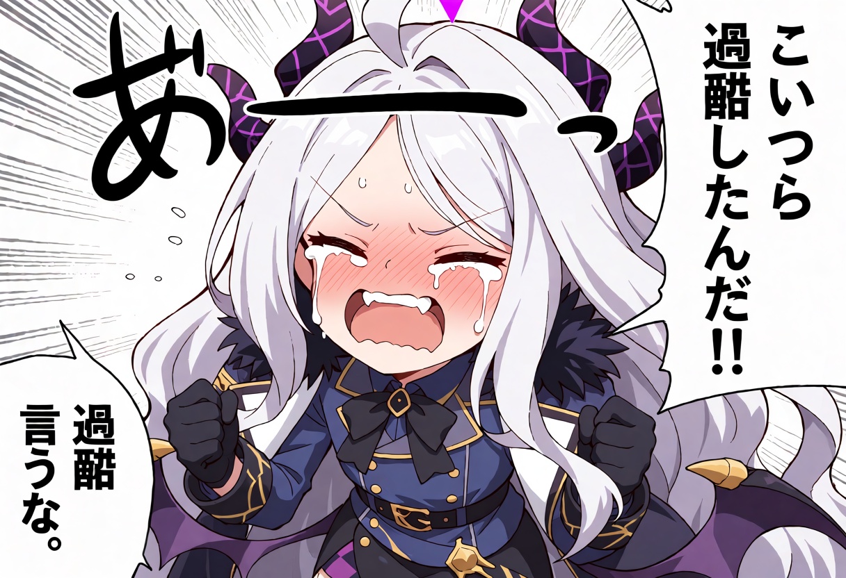 A close-up anime-style illustration of a young girl with very long white hair,  ahoge,  parted bangs and sidelocks on Tens...