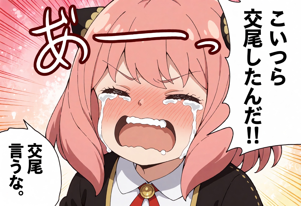 koubi (meme),  A close-up anime-style illustration of a young girl with short light pink hair styled in Anya Forger’s sign...