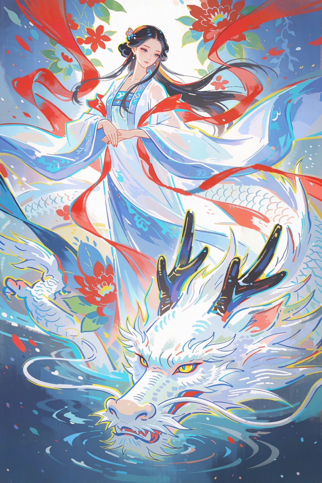 The image depicts a traditional East Asian-style artwork featuring a woman in flowing white and blue robes,  adorned with...