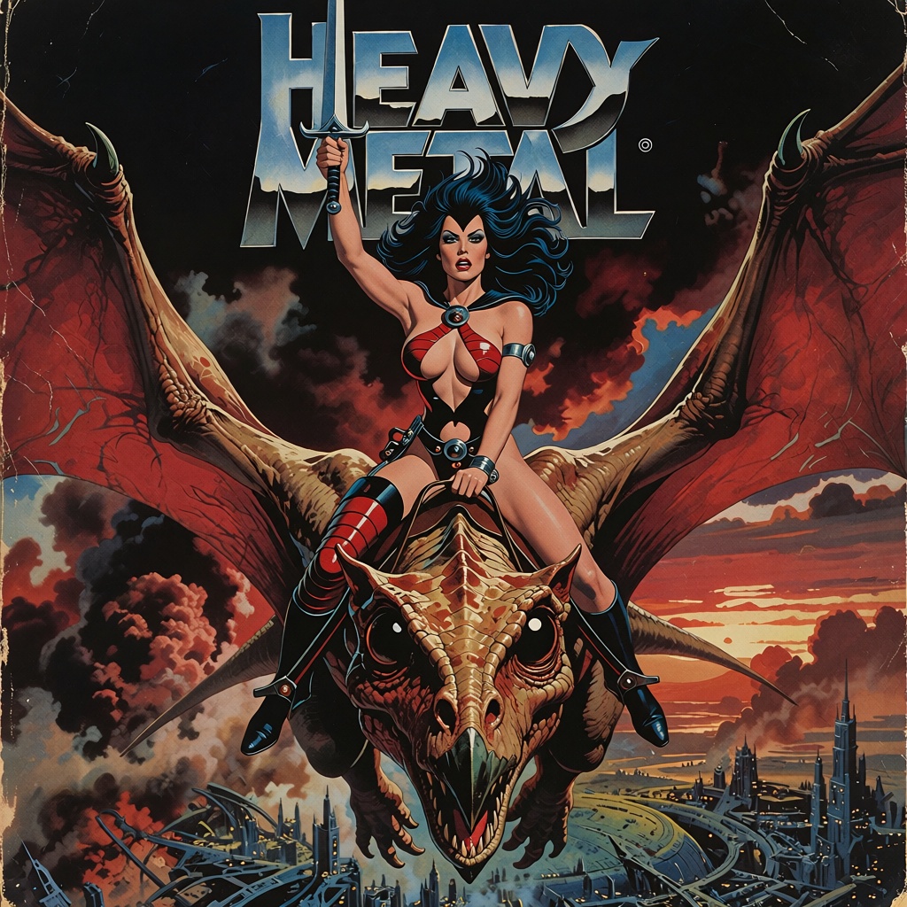 hvymtl style ,  Painted science-fantasy magazine cover with the masthead “Heavy Metal” in monumental beveled chrome letter...