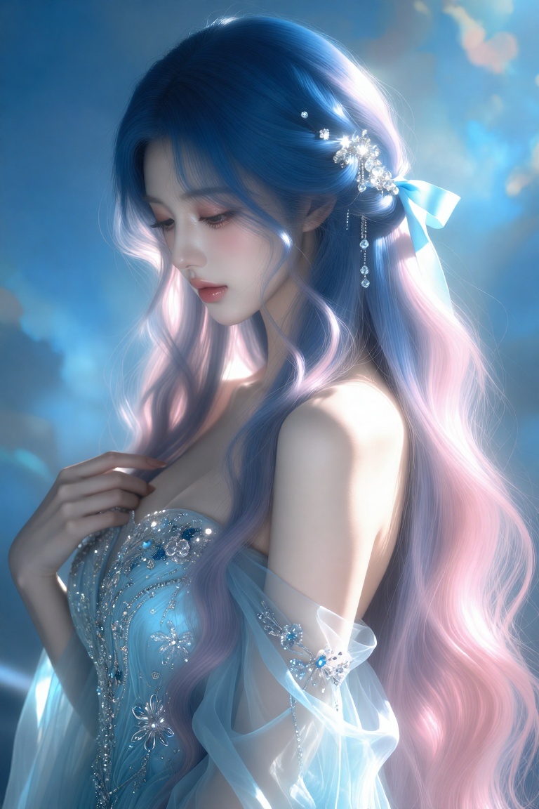 [Subject] A delicate and elegant young woman with fair skin and soft features. She has long flowing hair that transitions...