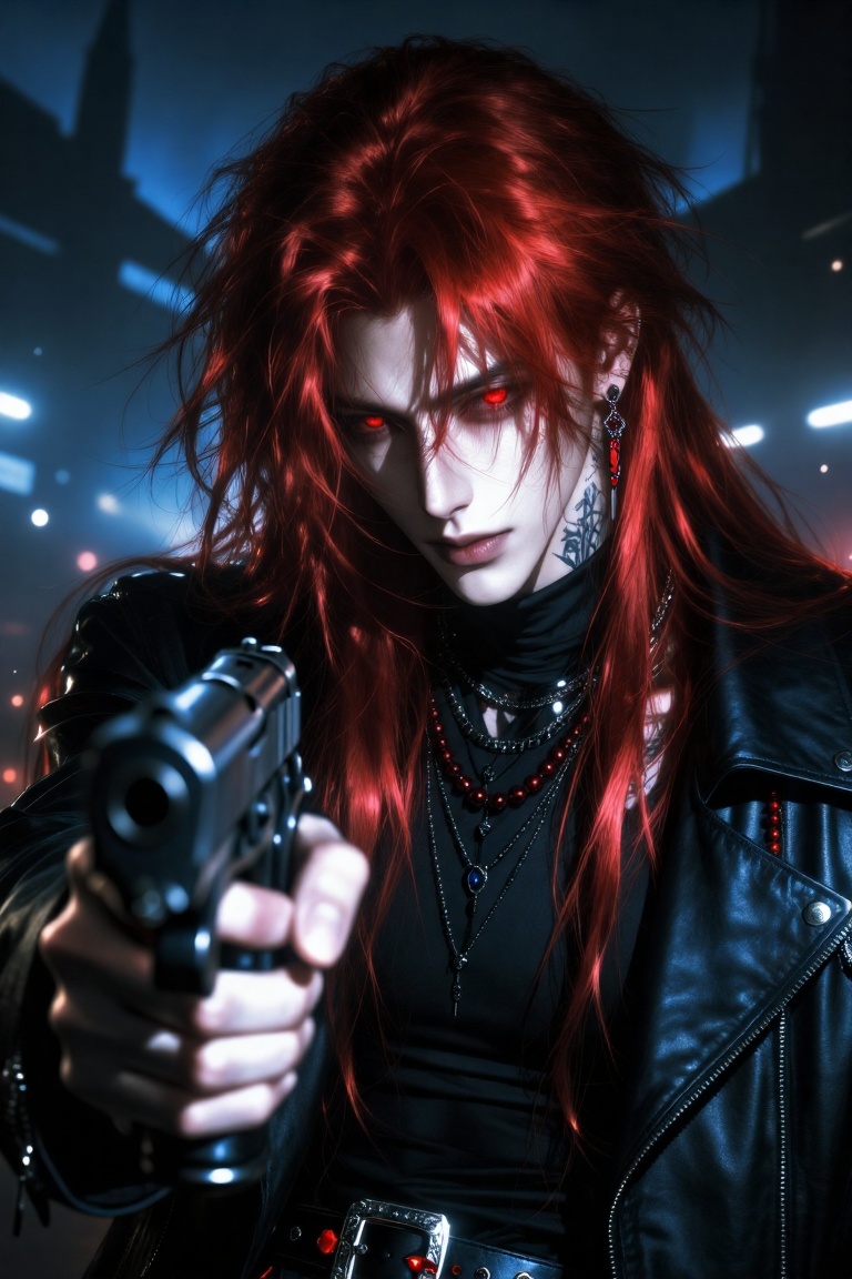 [Subject] A handsome young man with fair skin,  sharp and refined facial features,  and glowing red eyes. He has long on T...