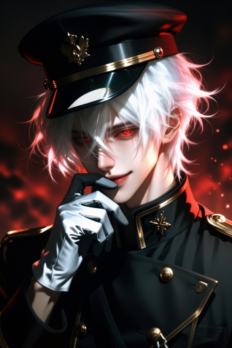 [Subject] A handsome young man with fair skin,  sharp and refined facial features,  and glowing red eyes. He has long on T...