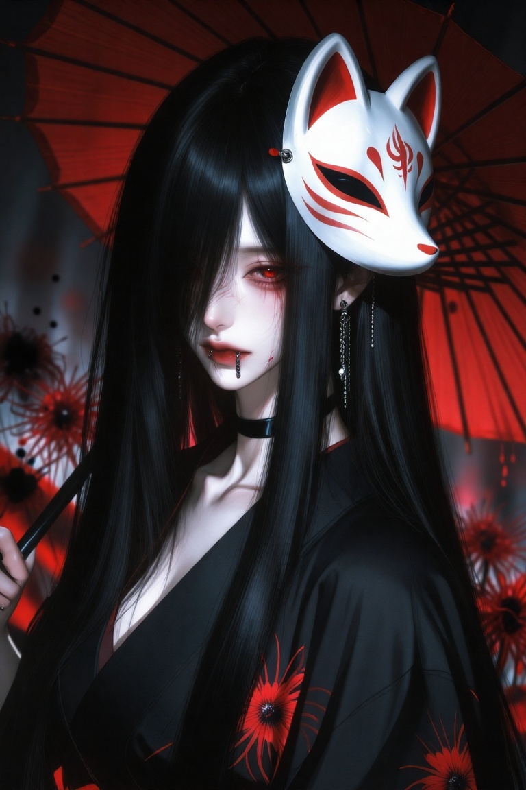 [Subject] A pale-skinned young woman with long straight black hair covering part of her face. She has sharp red eyes,  a l...