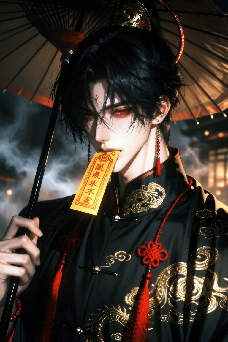 [Subject] A handsome young East Asian man with fair pale skin,  sharp refined facial features,  and intense red eyes. He h...