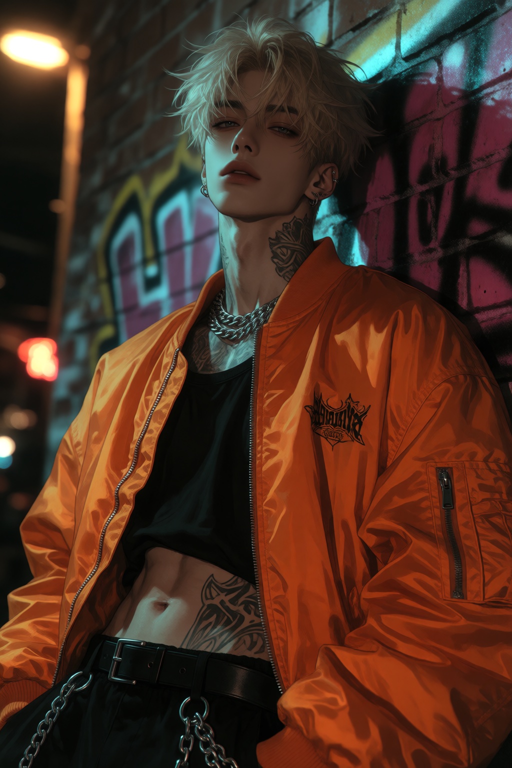 digital illustration,  A young man with tousled,  ash-blonde hair stands against a graffiti-covered brick wall at night. H...