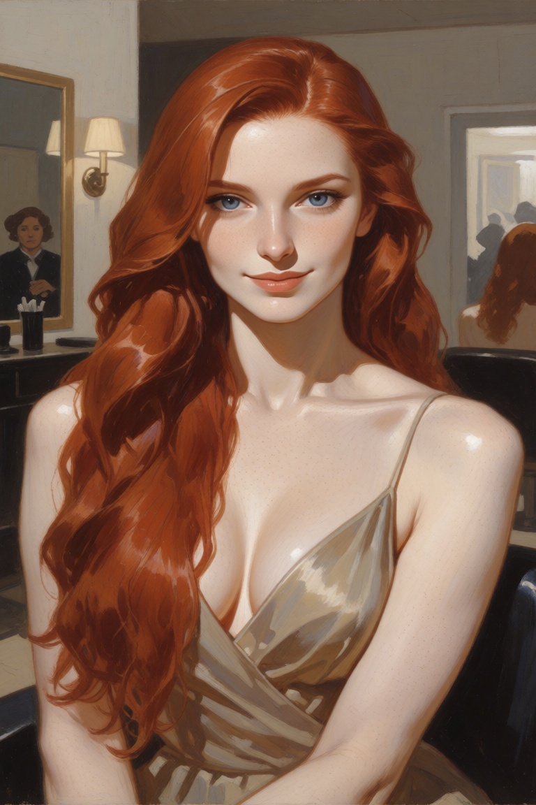 digital painting in a realistic style,  fair-skinned,  red-haired woman on Tensor.Art