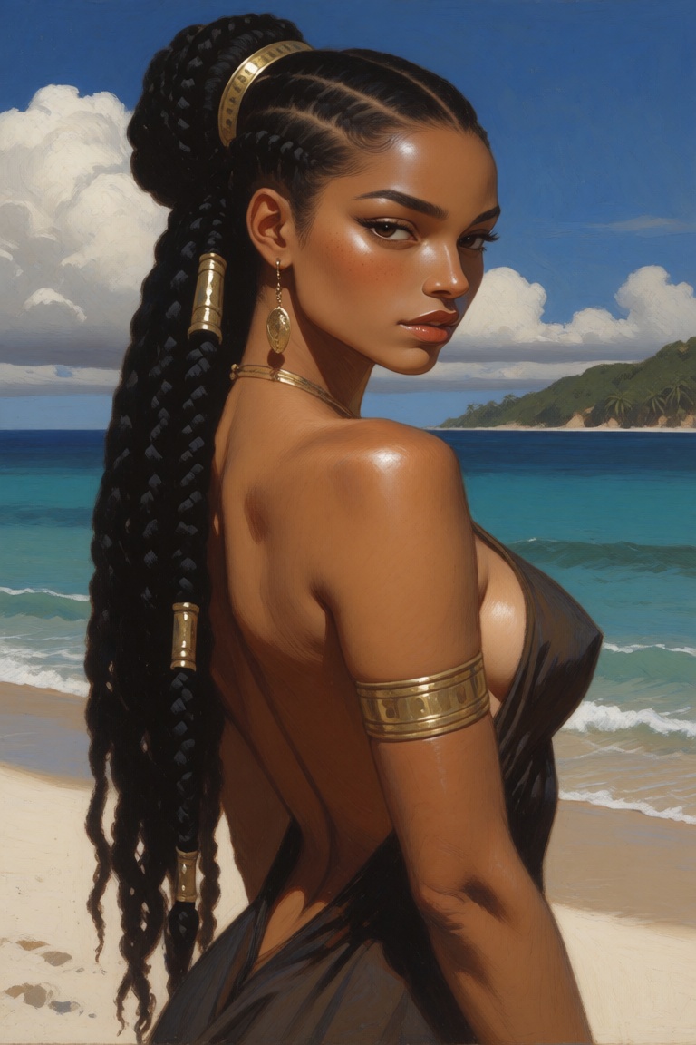 digital painting in a realistic style,  featuring a stunning African beauty woman with rich,  dark skin and intricate brai...