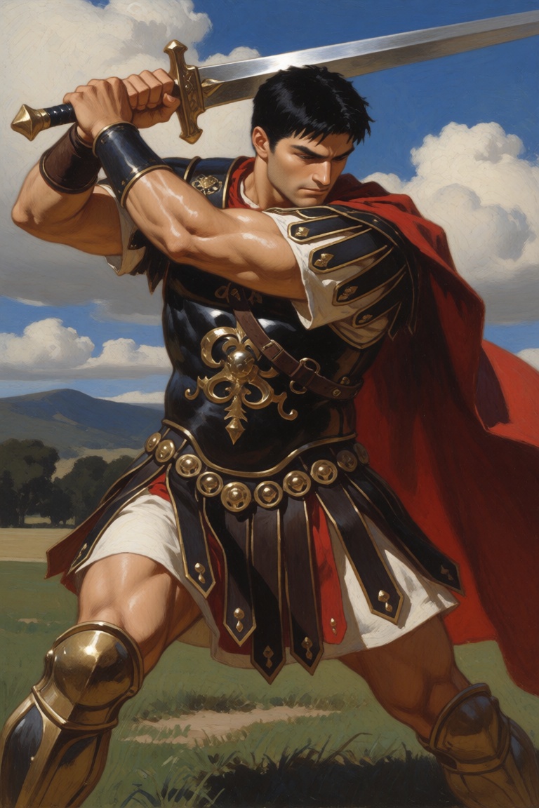 digital painting in a realistic style,  a man with black hair,  wearing Roman armor on Tensor.Art