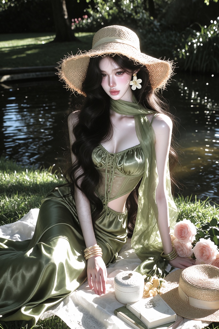 1woman,  solo,  a realistic outdoor portrait of a young woman sitting on a white picnic blanket beside a calm garden pond....