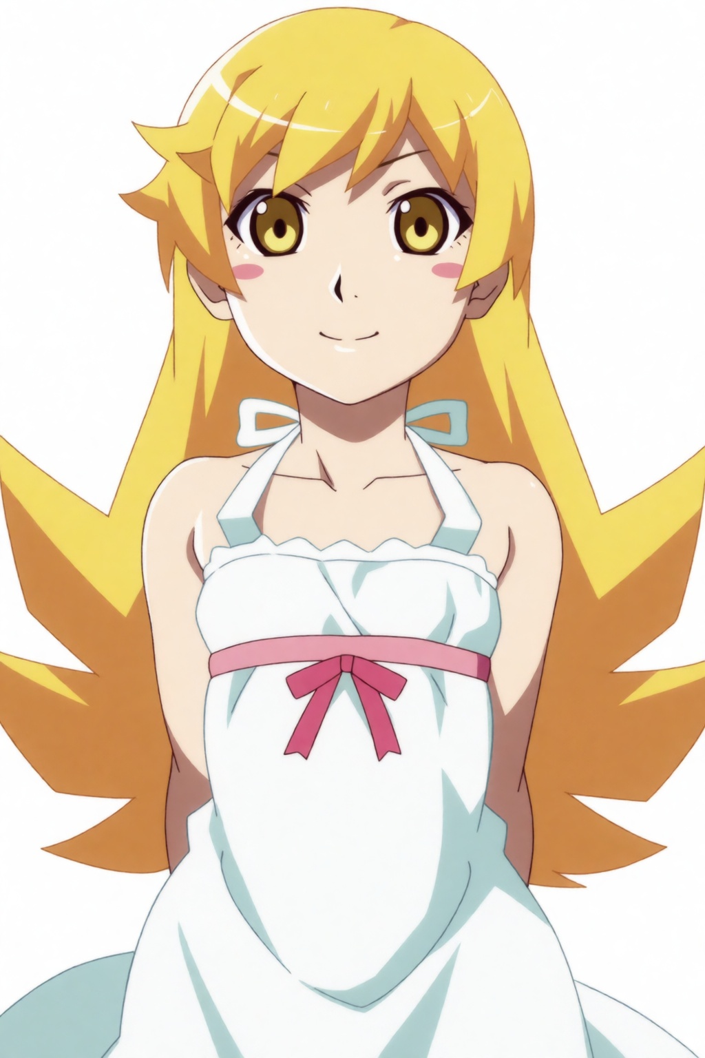Shinobu,  a girl with long blonde hair and yellow eyes. She has pale skin,  yellow eyes and pink blush stickers on her che...