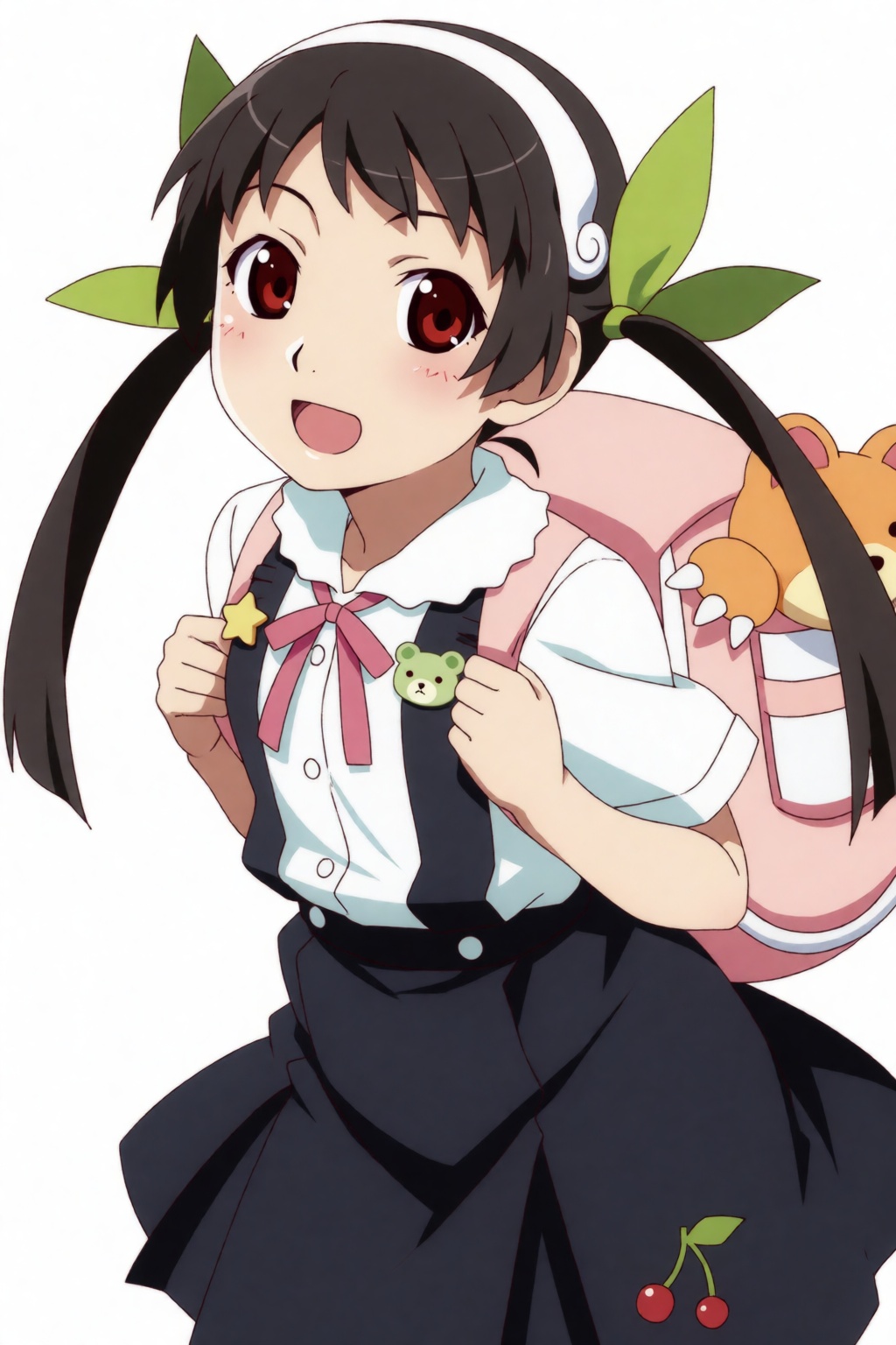Mayoi,  a young girl with long brown twintails,  red eyes and a white hairband. Her long brown hair is styled into two hig...