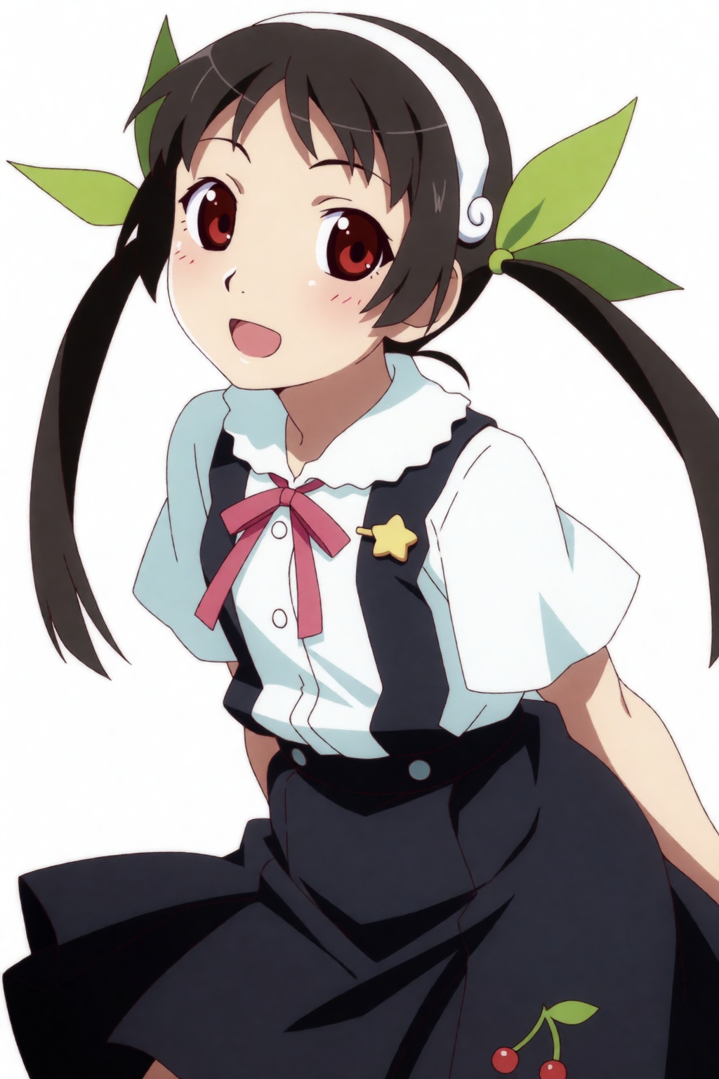 Mayoi,  a young girl with long brown twintails,  red eyes and a white hairband. Her long brown hair is styled into two hig...