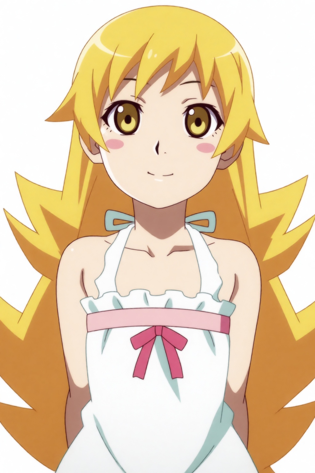 Shinobu,  a girl with long blonde hair and yellow eyes. She has pale skin,  yellow eyes and pink blush stickers on her che...