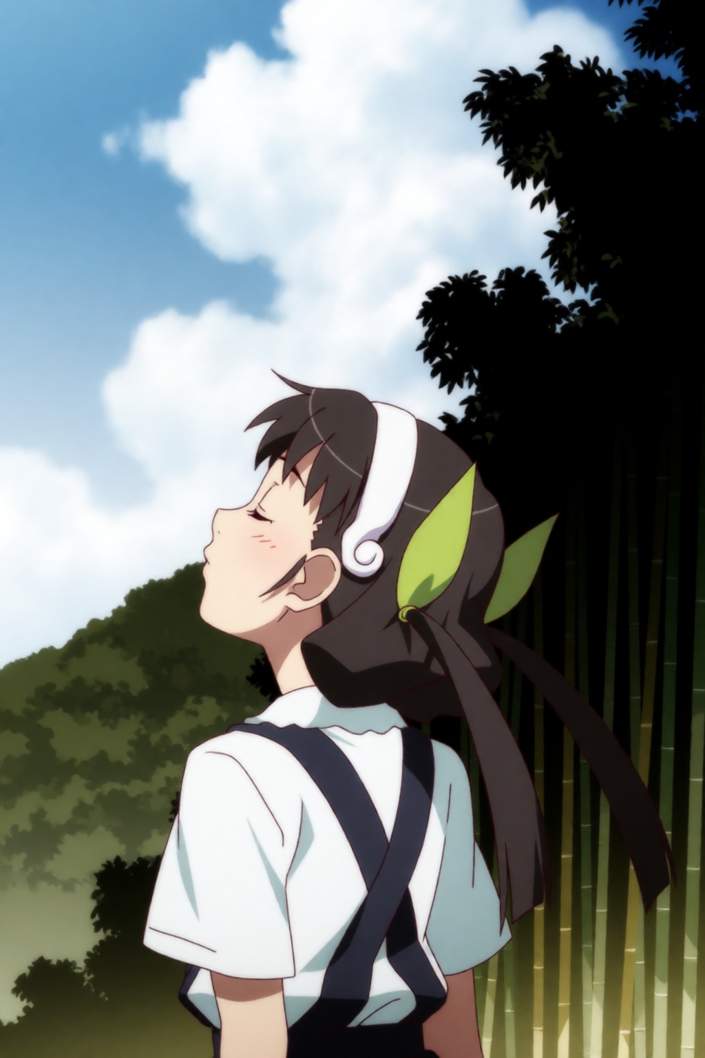 Mayoi,  a girl with long brown pigtails,  red eyes and a white hairband is shown in a medium-shot on Tensor.Art