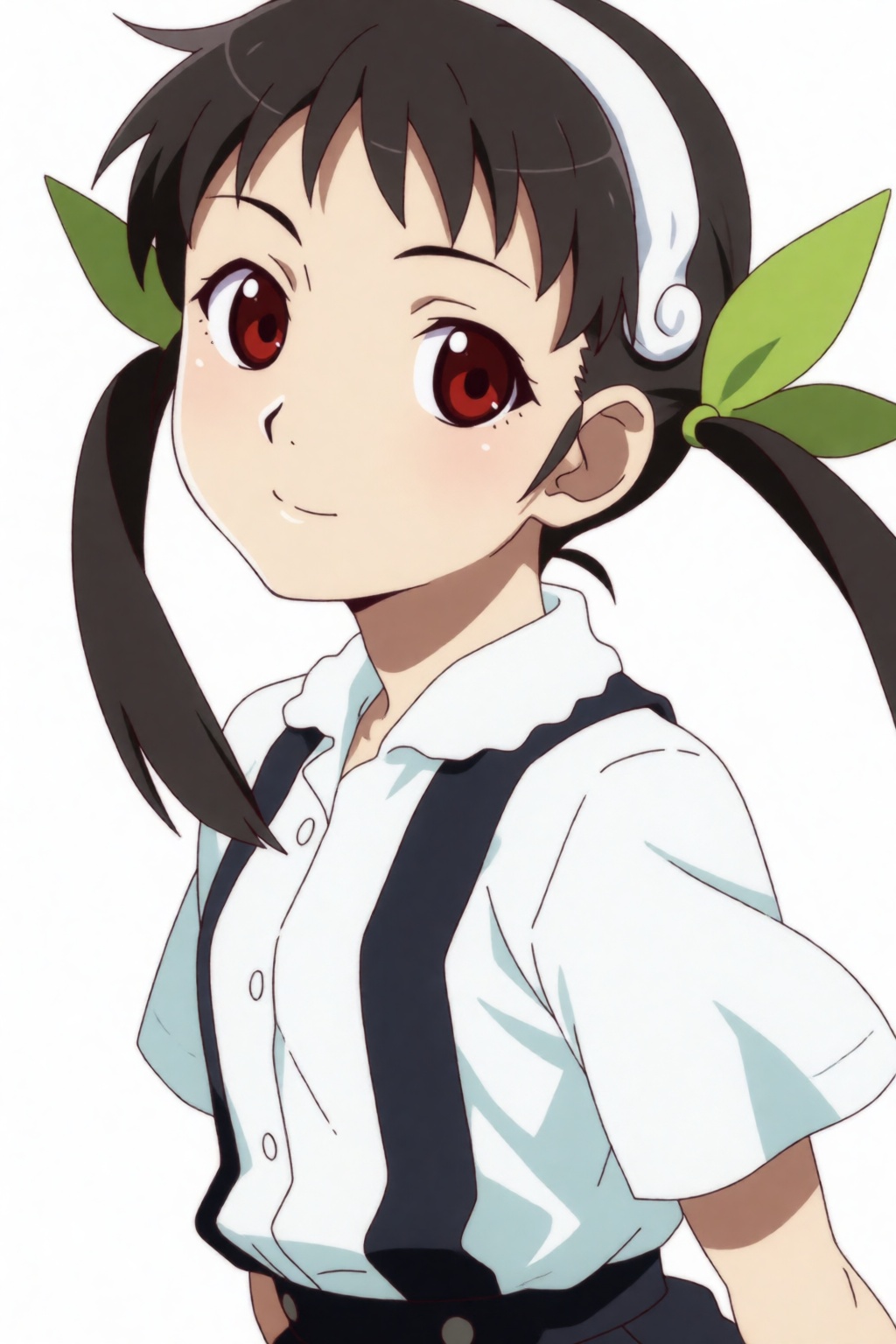 Mayoi,  a girl with long brown pigtails,  red eyes and a white hairband. Her long brown hair is styled into two high pigta...