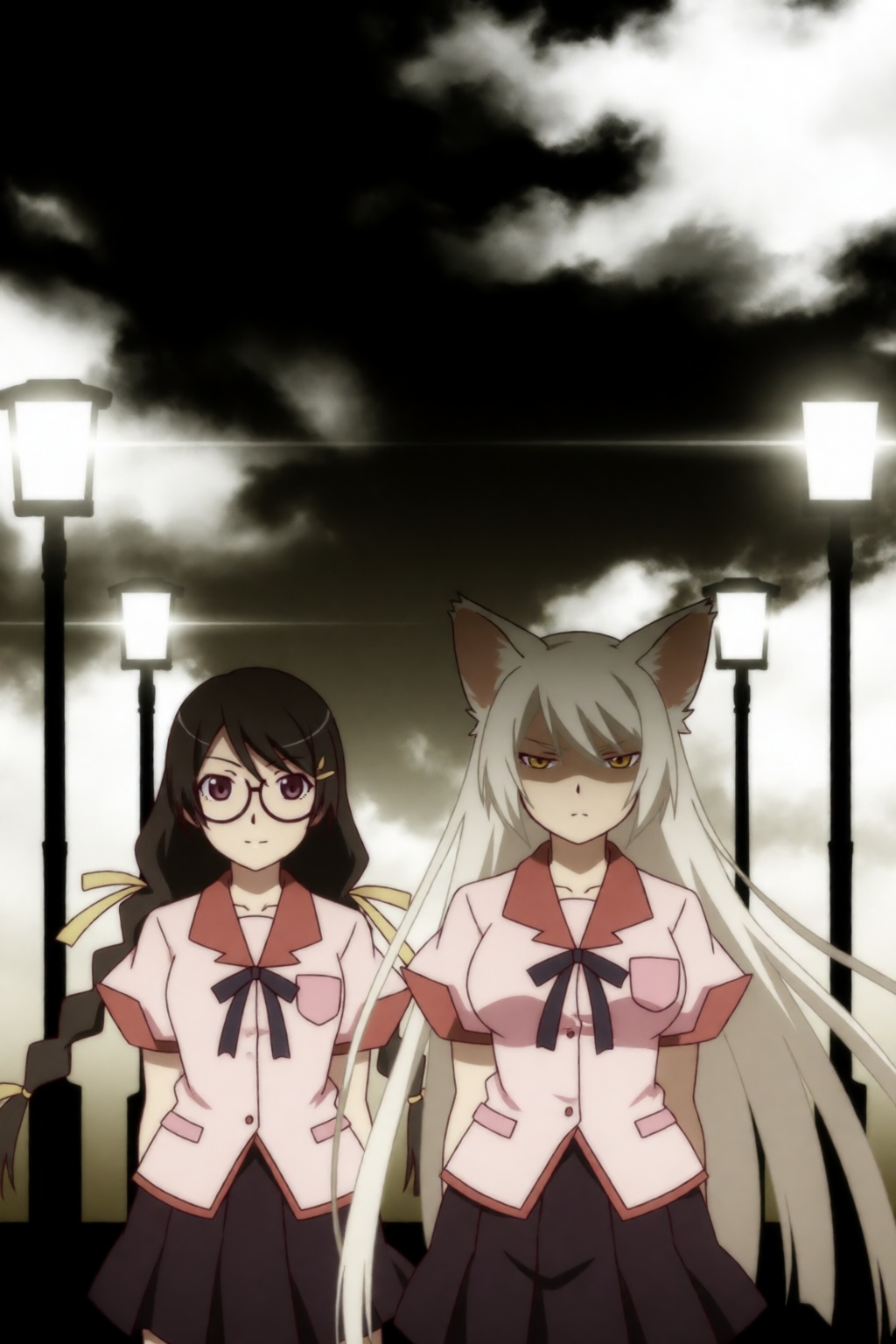 Two characters: Hanekawa,  a girl with long dark hair and purple eyes and Tsubasa Cat,  a cat girl with long white hair an...