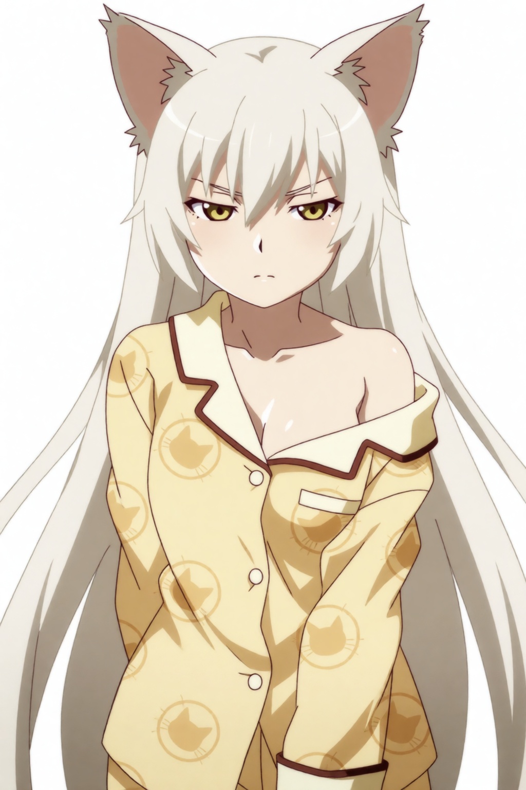 Tsubasa Cat,  a cat girl with long white hair and yellow eyes. She is a mature,  well rounded female. Her long on Tensor.Art