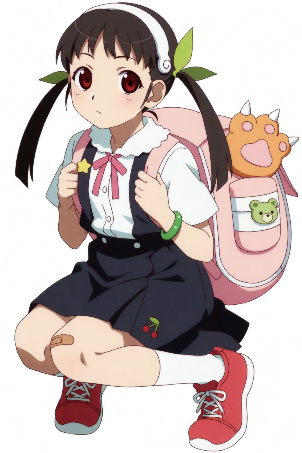Mayoi,  a girl with long brown pigtails,  red eyes and a white hairband. She has a fair complexion on Tensor.Art