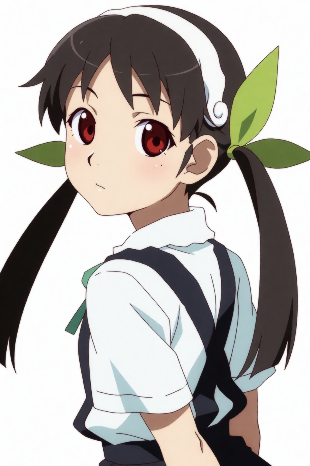 Mayoi,  a girl with long brown pigtails,  red eyes and a white hairband. Her long brown hair is styled into two high pigta...