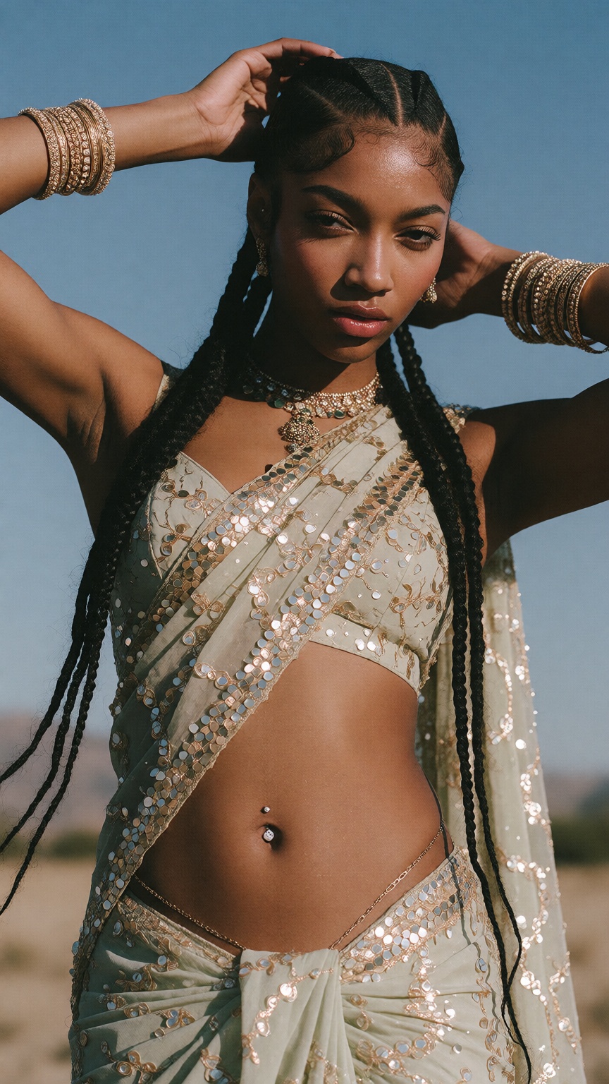 A Balck woman in saree,  navel show low rise sare low waisted,  dynamic poses on Tensor.Art