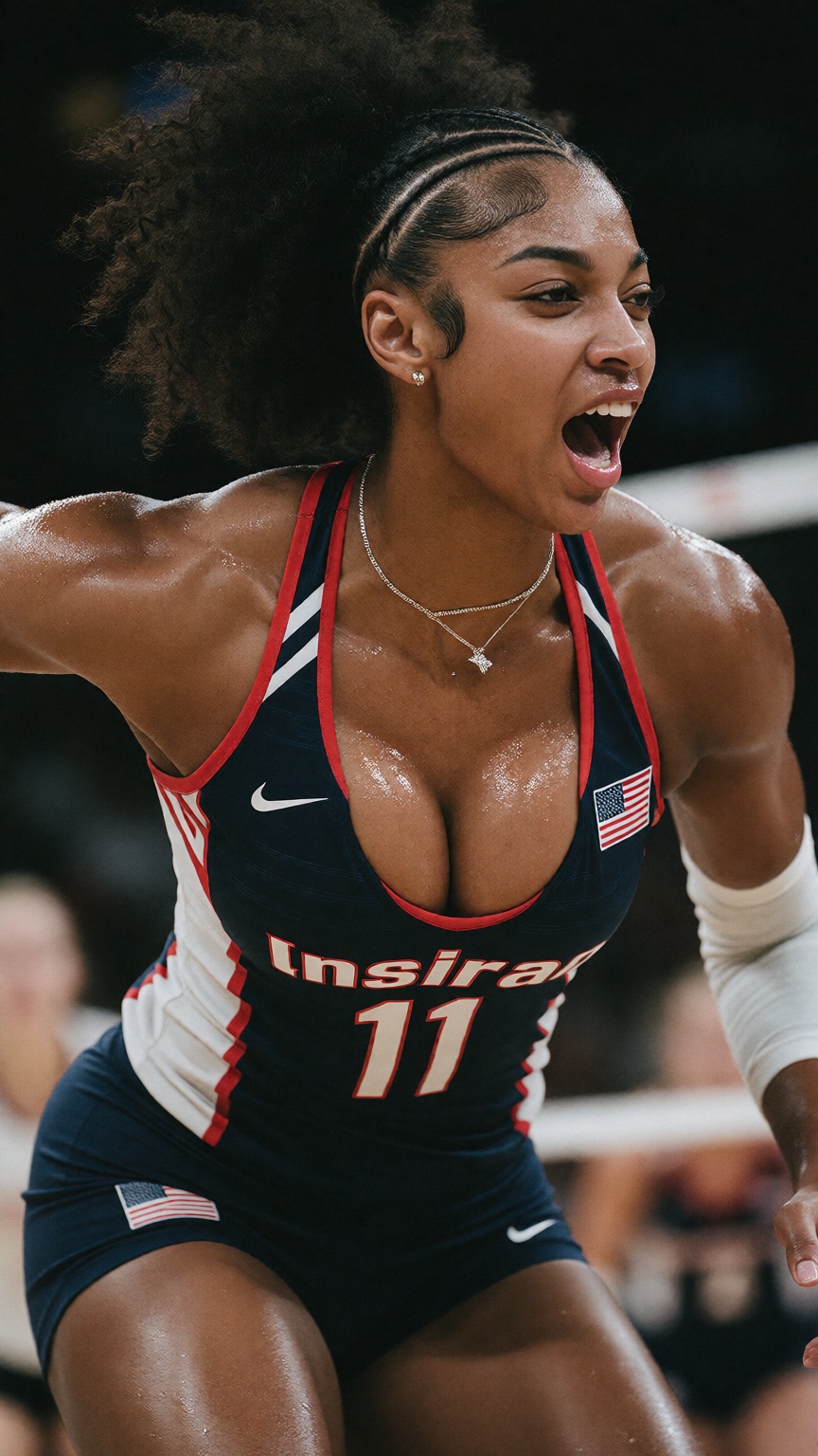 Create a dynamic shot of an American black volleyball player who is tall,  with large breasts and noticeable cleavage. She...