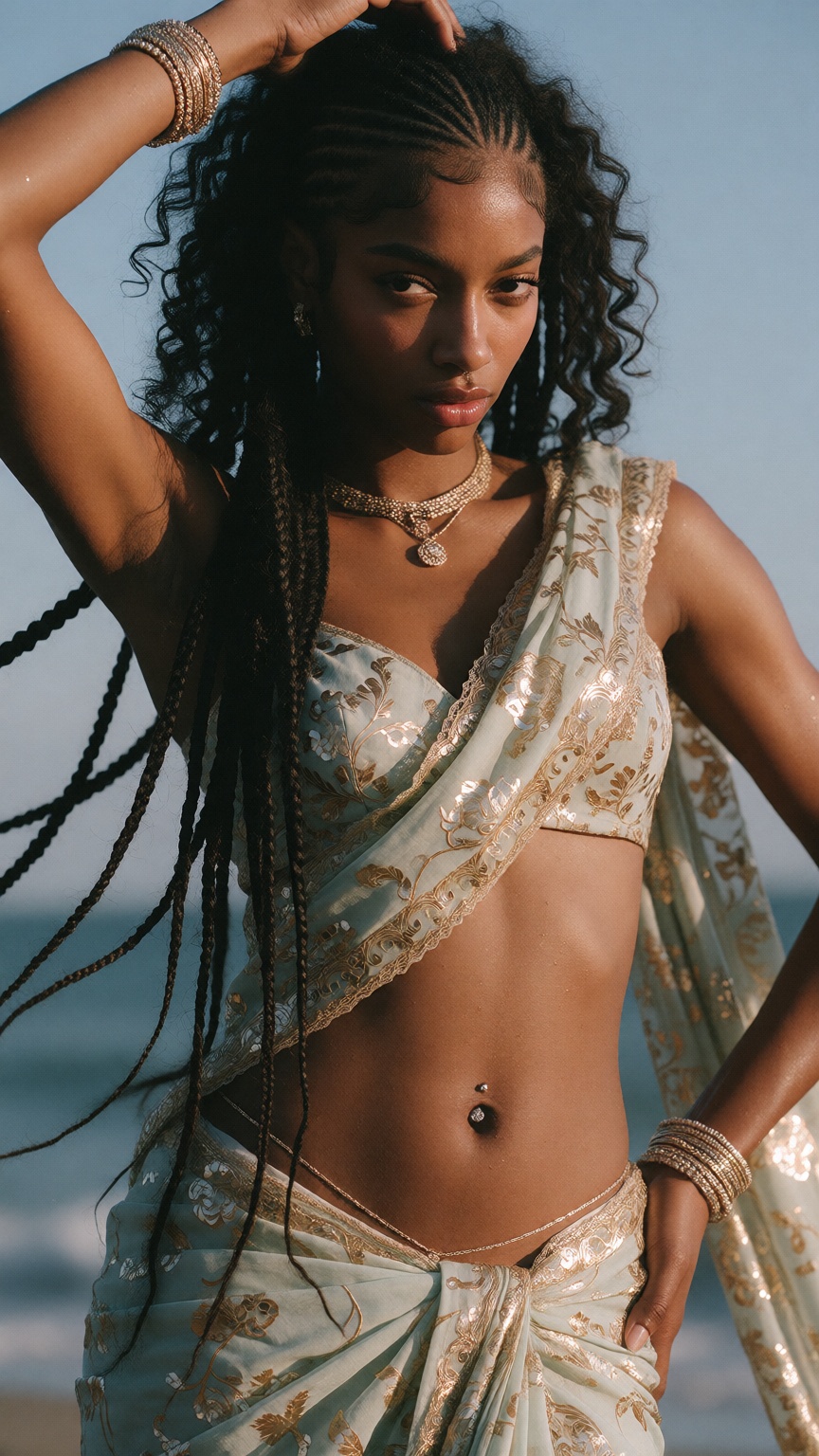 A Balck woman in saree,  navel show low rise sare low waisted,  dynamic poses on Tensor.Art