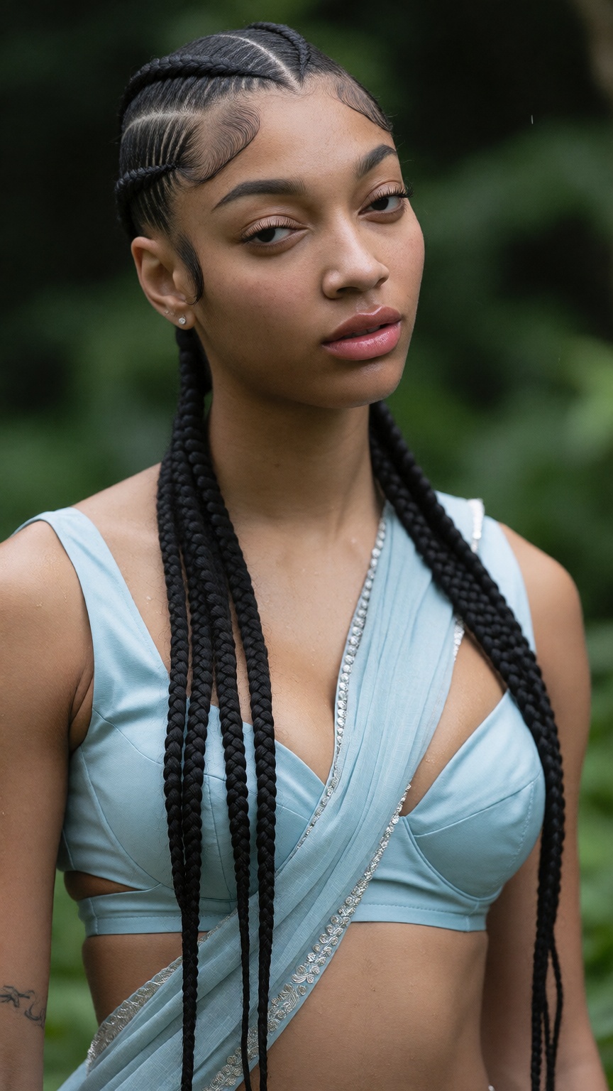 Photograph of a young black woman with a light brown skin tone and long,  intricately braided black hair styled in tight c...