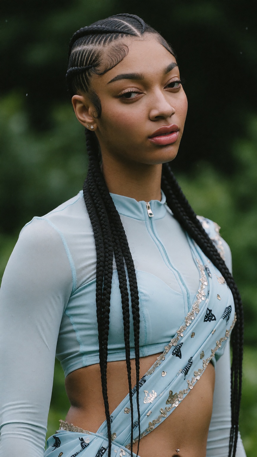 Photograph of a young black woman with a light brown skin tone and long,  intricately braided black hair styled in tight c...