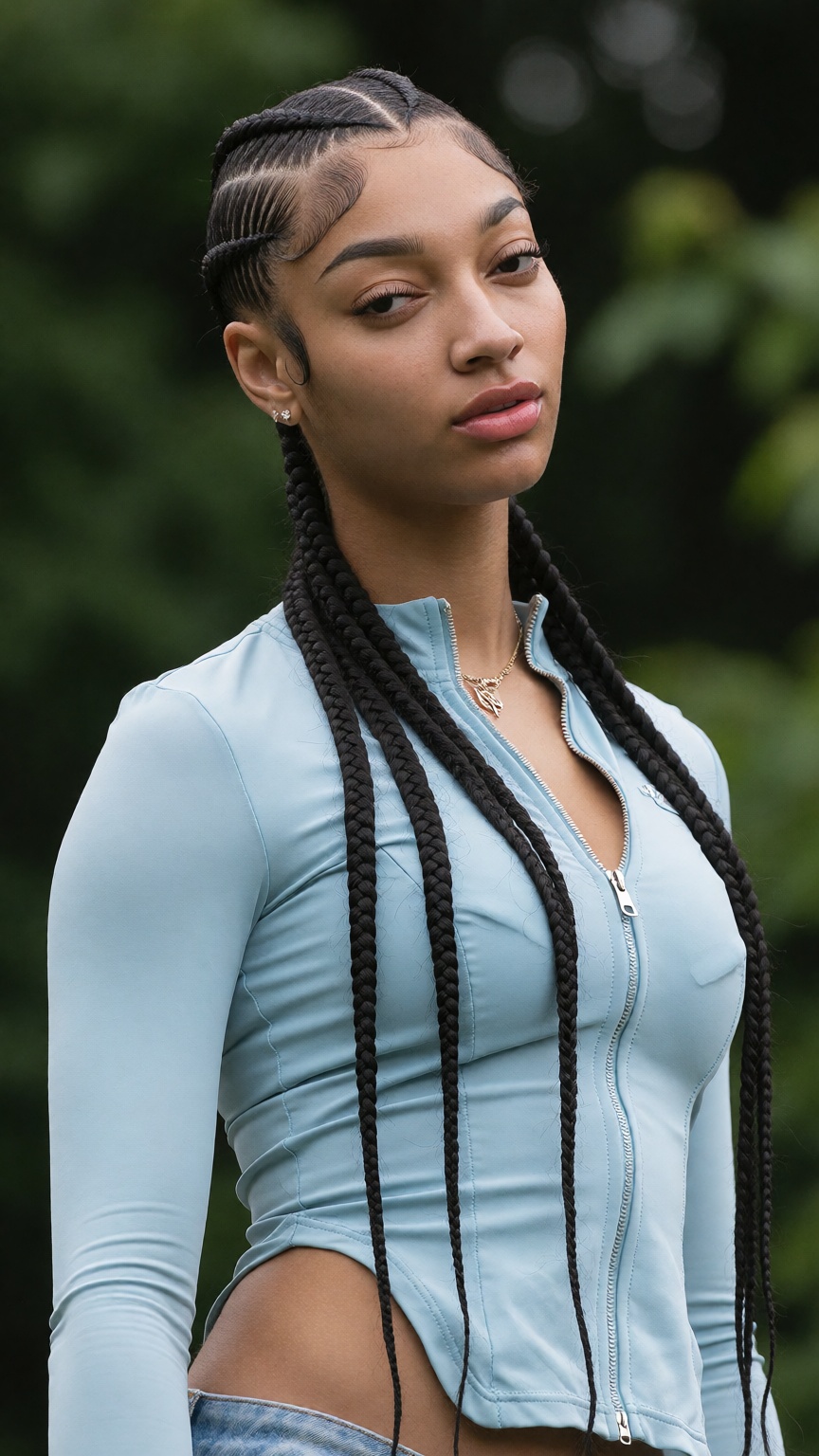 Photograph of a young woman with a light brown skin tone and long,  intricately braided black hair styled in tight cornrow...